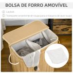 Cesto de Roupa Suja 90L em Bambu com 2 Compartimentos Alças e Bolsa Interna Removível 54,2x35,2x59,5 cm Madeira
