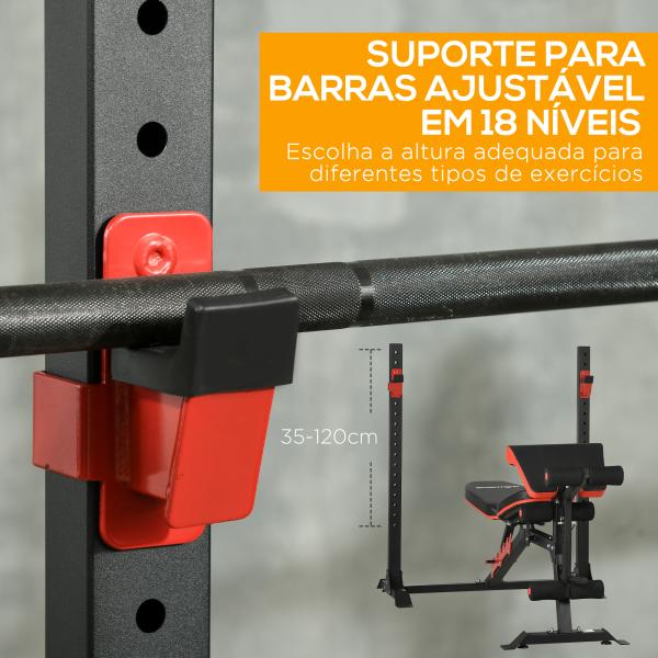 Banco de Musculação Multifuncional Banco de Pesos com Encosto Reclinável e Suporte de Barras Ajustável 180x110x126 cm Preto