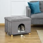 Caverna para Gatos 2 em 1 Banco para Apoio dos Pés com Tampa Removível Orifício de Entrada Almofada Lavável e Pés Elevados de Madeira para Interior 60x45x44,5cm Cinza