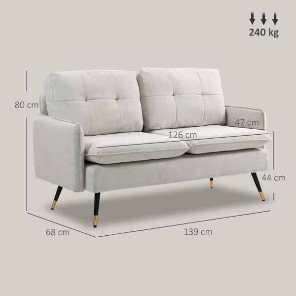 Sofá de 2 Lugares Moderno Estofado em Poliéster com 4 Almofadas Apoio para os Braços e Pés de Aço 139x68x80 cm Creme