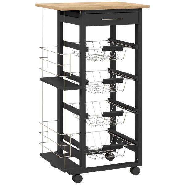 Carrinho de Cozinha com Rodas Carrinho Auxiliar com Gaveta 4 Cestas Amovíveis de Metal e Prateleiras Laterais 47x37x83 cm Preto e Madeira