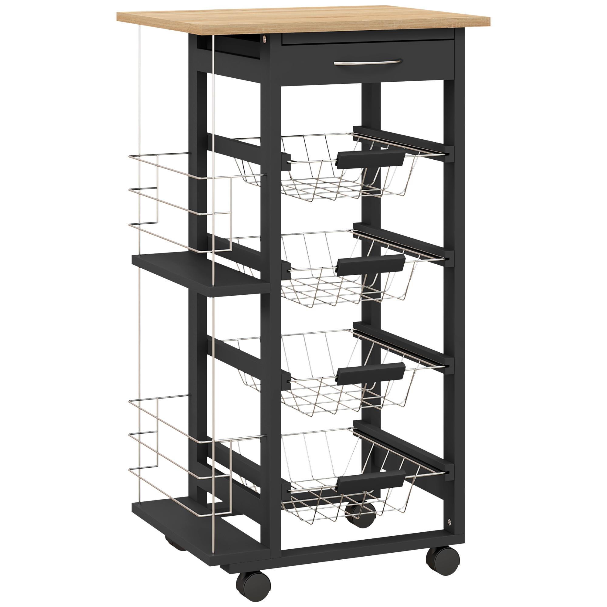 Carrinho de Cozinha com Rodas Carrinho Auxiliar com Gaveta 4 Cestas Amovíveis de Metal e Prateleiras Laterais 47x37x83 cm Preto e Madeira