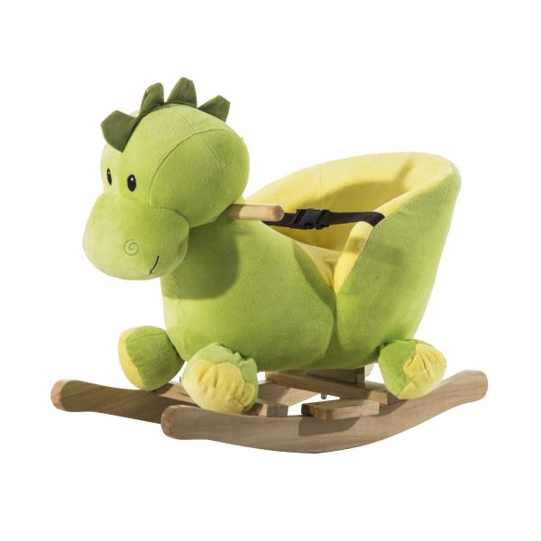 Cavalo de Baloiço em Forma de Dinossauro de Pélucia para Bebés 18 - 36 Meses com Sons Cinto de Segurança Guiador e Apoio para os Pés 60x33x45cm Verde