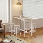 Conjunto de Móveis Altos de Bar com 5 Peças Mesa de Refeição Industrial e 4 Bancos Redondos Madeira e Branco