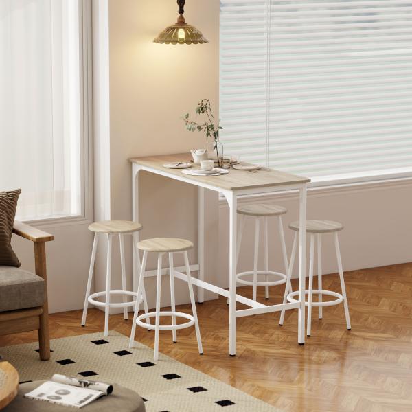 Conjunto de Móveis Altos de Bar com 5 Peças Mesa de Refeição Industrial e 4 Bancos Redondos Madeira e Branco
