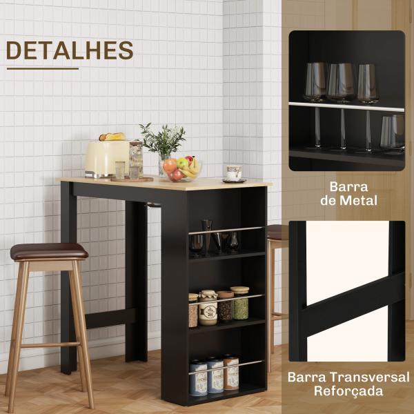 Mesa de Bar com 3 Prateleiras com Suporte Estilo Moderno para Cozinha Sala de Jantar 112x57x106 cm Preto e Madeira