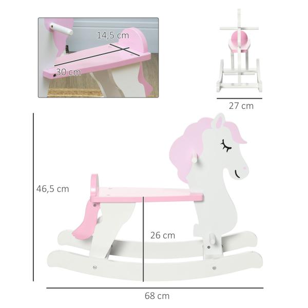 Cavalo Baloiço para Crianças de 1 - 3 Anos Cavalo Baloiço de Madeira com Guiador e Apoio para os Pés 68x27x46,5cm Branco e Rosa