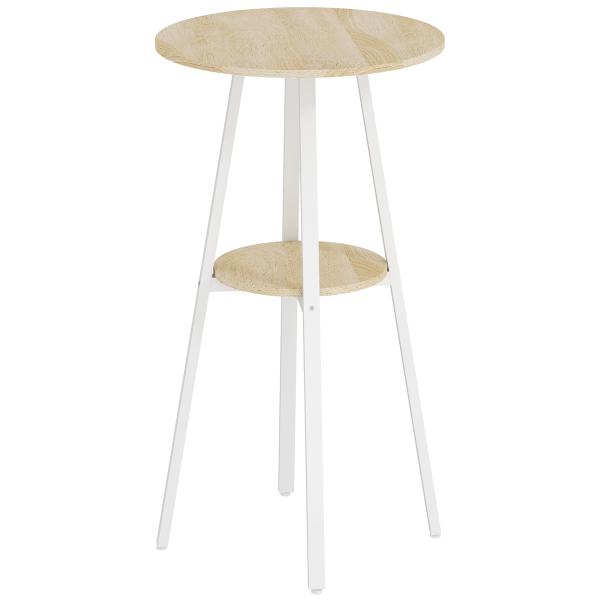 Mesa Alta de Cozinha Redonda com Prateleira de Armazenamento para 2 Pessoas com Estrutura de Metal 55x55x95 cm Madeira e Branco