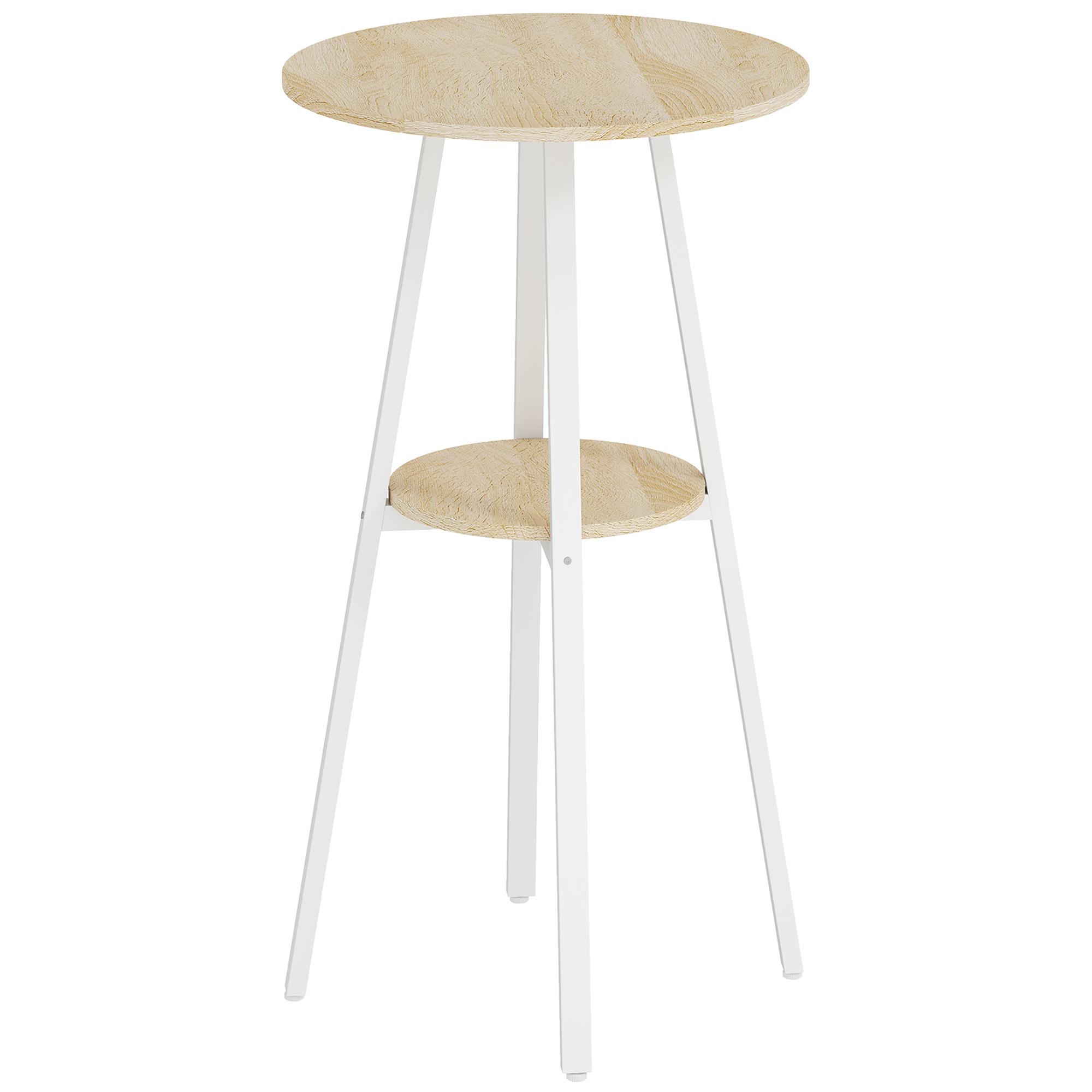 Mesa Alta de Cozinha Redonda com Prateleira de Armazenamento para 2 Pessoas com Estrutura de Metal 55x55x95 cm Madeira e Branco