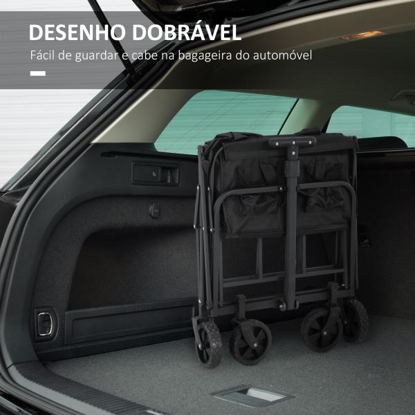 Carrinho de Transporte com Rodas Carrinho de Jardim Dobrável com Pega Telescópica Ajustável 2 Bolsas de Arrumação 64x42x27 cm Preto