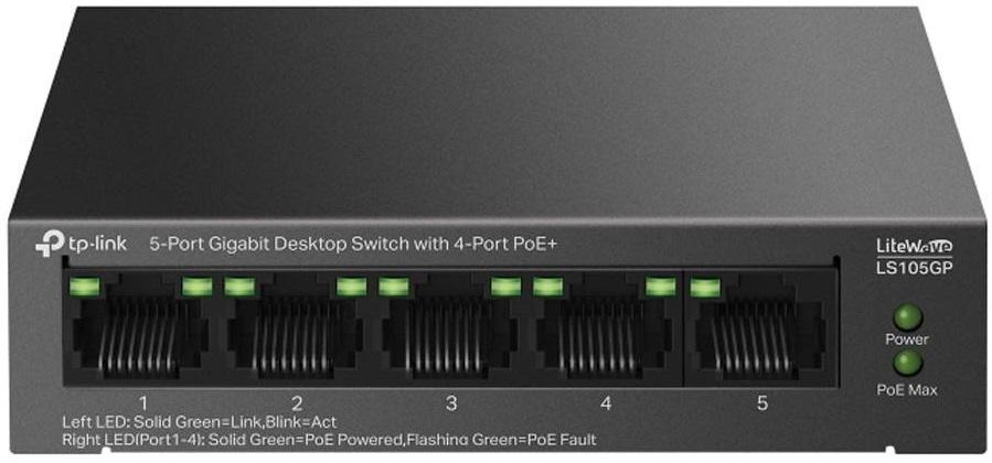 Switch de Rede Não - Gerido LiteWave LS105GP 5 Portas Gigabit com 4 Portas PoE+ (Preto) - TP - LINK