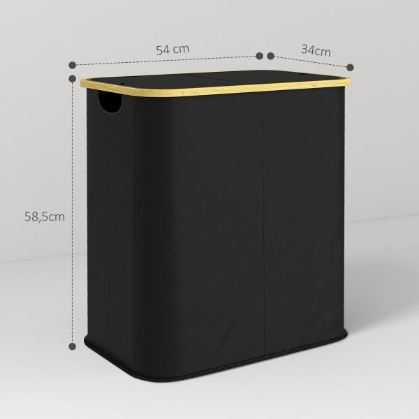 Cesto para Roupa Suja Dobrável com Tampa 80 L em Tecido não Tecido, 2 Compartimentos, Preto