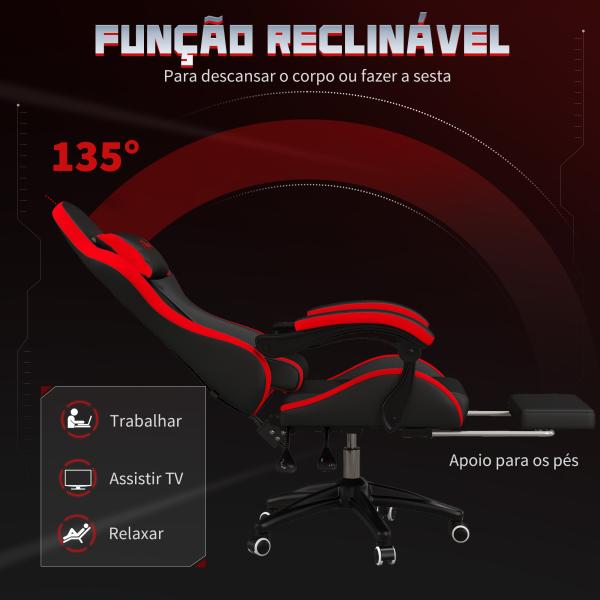 Cadeira Gaming Ergonómica Reclinável 135° de Couro PU com Suporte Lombar Altura Ajustável 65x65x129 cm Preto e Vermelho