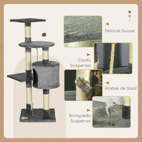 Arranhador para Gatos com 4 Níveis com Poste para Afiar as Garras Caverna Plataformas e Brinquedos 40x40x116 cm Cinzento Escuro