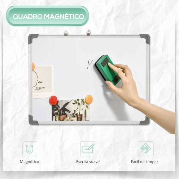 Quadro Magnético com Estrutura de Liga de Alumínio 60x45cm Quadro Magnético com Apagador 4 Marcadores e 10 Ímás Branco
