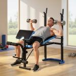 Banco de Musculação Multifuncional com Suporte para Barras e Encosto Ajustável 155x56,5x120 cm Preto e Azul