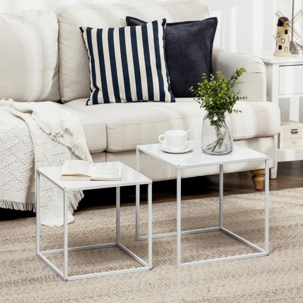Conjunto de 2 Mesas Mesas de Centro Quadradas para Sala de Estar Estrutura de Aço Grande 40 cm Pequena 35 cm Branco