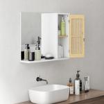 Espelho de Casa de Banho 60x50 cm Espelho de Parede com Porta de Ripas de Bambu Prateleiras de Arrumação Branco e Madeira