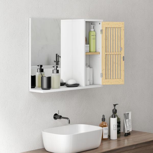 Espelho de Casa de Banho 60x50 cm Espelho de Parede com Porta de Ripas de Bambu Prateleiras de Arrumação Branco e Madeira
