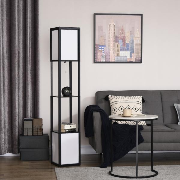 Candeeiro de Pé de Madeira com Prateleira Suporte para Lâmpada E27 Candeeiro Moderno 26x26x156 cm Preto e Branco