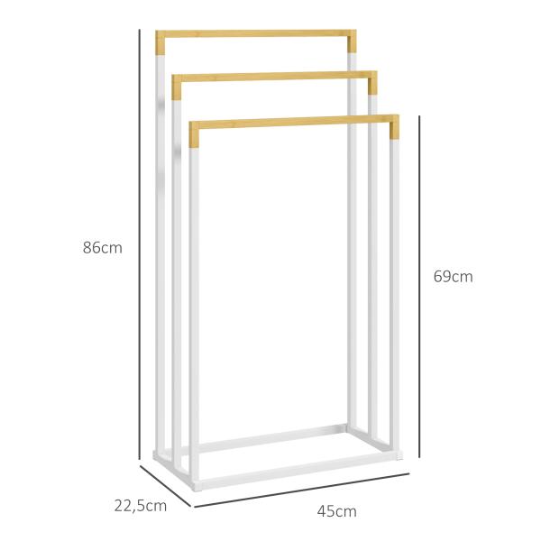 Toalheiro de Pé de 3 Níveis em Forma de Escada com 3 Barras de Bambu e Estrutura de Aço 45x22,5x86 cm Branco e Madeira
