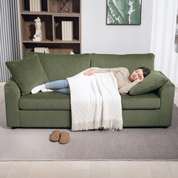 Sofá de 3 Lugares Sofá Sala de Estar 212x80x88 cm Estofado em Veludo Canelado com 2 Almofadas Desenho Moderno Verde