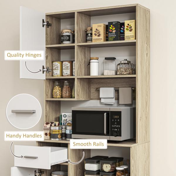 Armário de Cozinha Alto com 3 Portas, 9 Prateleiras, Gaveta e Prateleiras Ajustáveis, Estilo Moderno, 80x35x180 cm, Branco e Carvalho