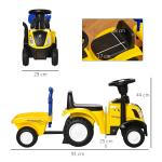 Trator para Crianças de 12 - 36 Meses com Reboque Removível Carro Andador com Buzina Farol Pá e Ancinho Carga 25kg 91x29x44cm Amarelo