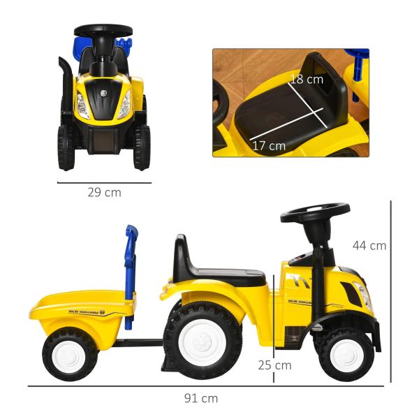 Trator para Crianças de 12 - 36 Meses com Reboque Removível Carro Andador com Buzina Farol Pá e Ancinho Carga 25kg 91x29x44cm Amarelo