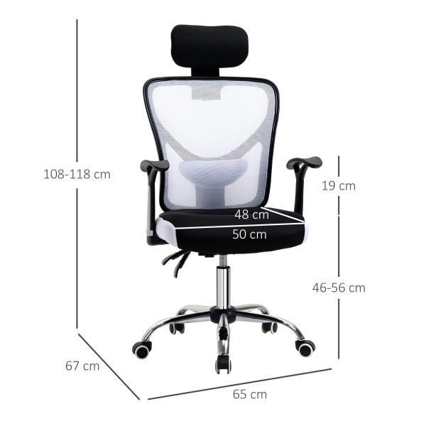 Cadeira de Escritório Ergonômica Cadeira de Escritório Giratória com Altura Ajustável Função Reclinável Apoio para a Cabeça e Suporte Lombar 65x67x108 - 118cm Branco