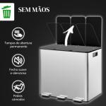 Balde de Lixo de Cozinha com 3 Compartimentos 3x15L com Pedais Tampas com Fechamento Suave e Cubo Amovível Prata
