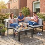 Conjunto de Jardim Exterior com Almofadas, 2 Sofás de 2 Lugares com Reposabráços Ajustáveis e Mesa de Centro, Cinzento