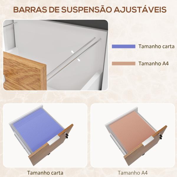 Arquivador para Escritório com 5 Rodas 2 Gavetas 2 Barras para Pastas A4 Fechadura e 2 Chaves 42x40x60 cm Madeira