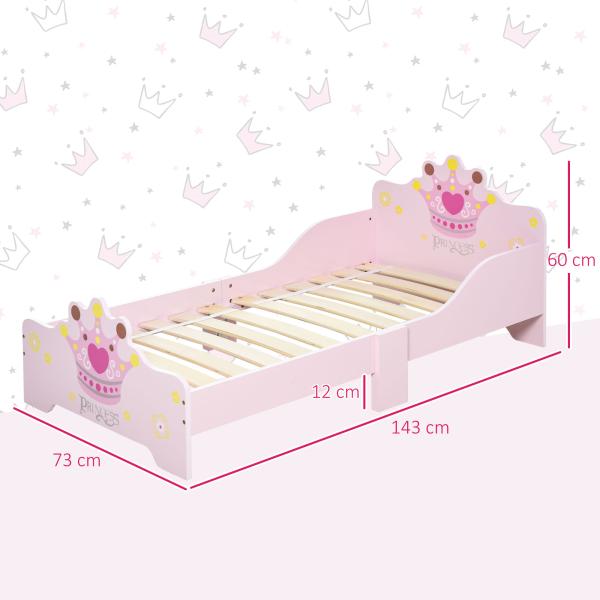 Cama Infantil +3 Anos 143x73x60 cm com Estampado Coroa Carga 50 kg para Quarto Rosa