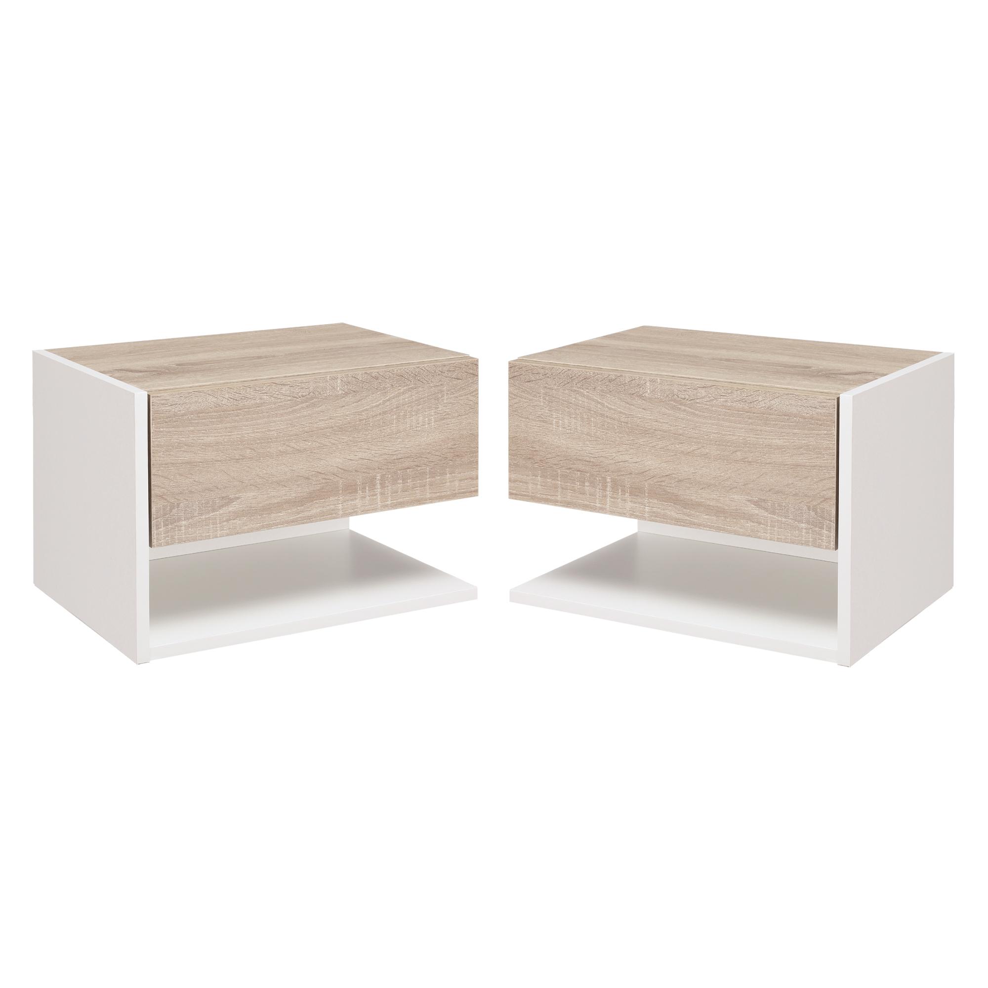 Conjunto de 2 Mesas de Cabeceira Flutuantes com 1 Gaveta e Prateleira Aberta 46x30x30 cm Carvalho e Branco