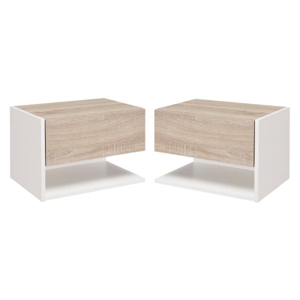 Conjunto de 2 Mesas de Cabeceira Flutuantes com 1 Gaveta e Prateleira Aberta 46x30x30 cm Carvalho e Branco