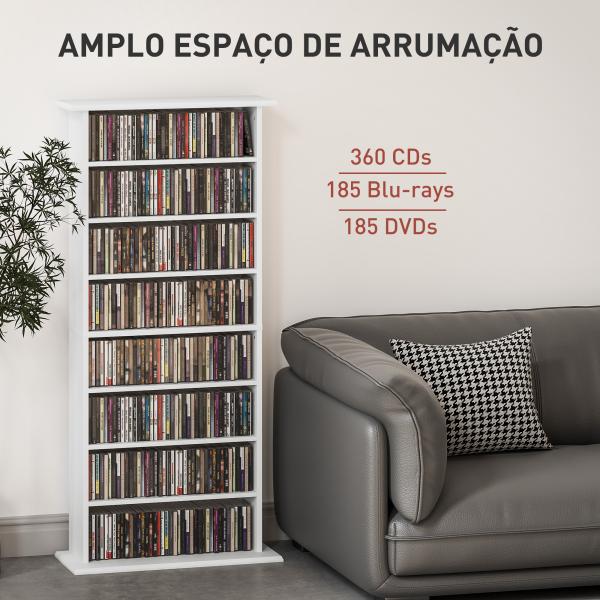 Estante Estreita para CDs e DVDs com 8 Compartimentos Prateleiras Ajustáveis 58x24x126,3 cm Branco