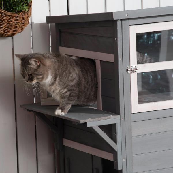 Casa para Gatos de Madeira Exterior Casa Grande para Gatos de 3 Andares com Múltiplas Entradas Janelas e 2 Plataformas para Terraço Balcão Jardim 98x68,5x122cm Cinza