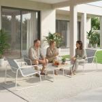 Conjunto de Jardim Exterior de 4 Peças com Sofá de 2 Lugares, 2 Poltronas e Mesa de Vidro Temperado, Tecido Textilene Cinzento Claro