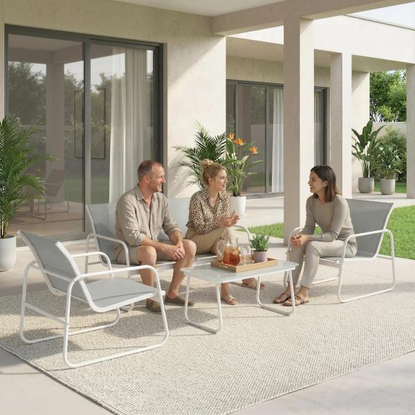 Conjunto de Jardim Exterior de 4 Peças com Sofá de 2 Lugares, 2 Poltronas e Mesa de Vidro Temperado, Tecido Textilene Cinzento Claro