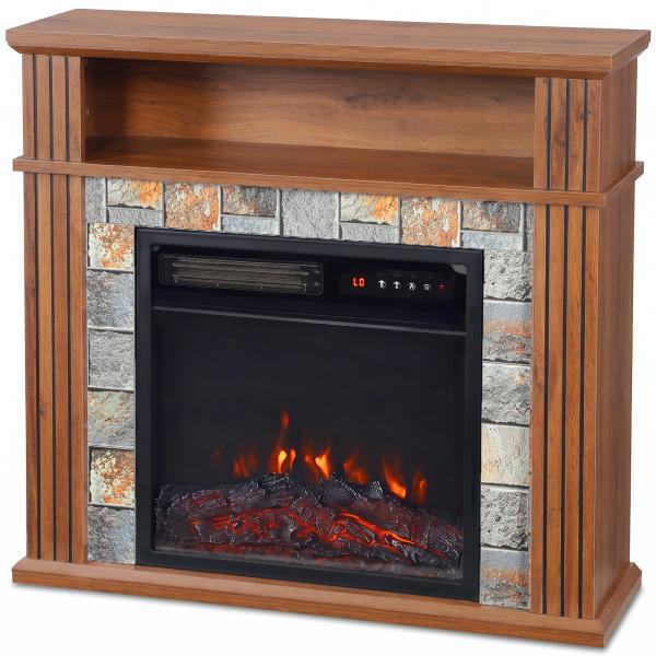 Lareira Elétrica Decorativa 1800W com Prateleira, Efeito Chama, 5 Níveis de Brilho, Termóstato, Temporizador e Comando, Castanha