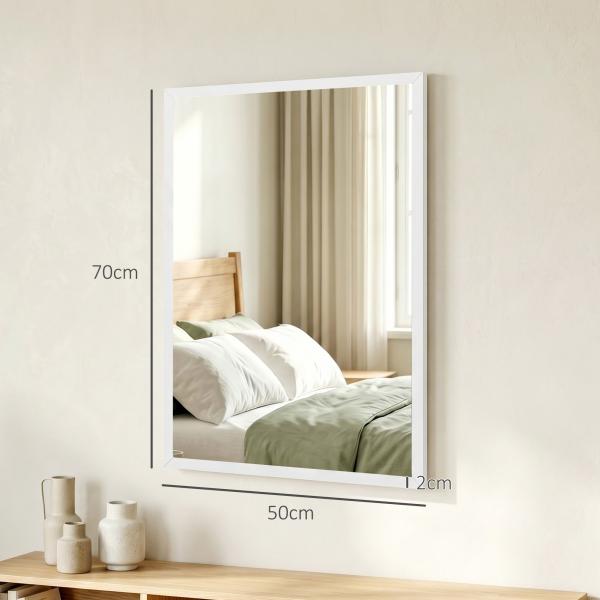 Espelho de Parede Decorativo 50x70 cm Espelho Retangular Espelho de Sala com 4 Ganchos Metálicos Estilo Moderno Branco
