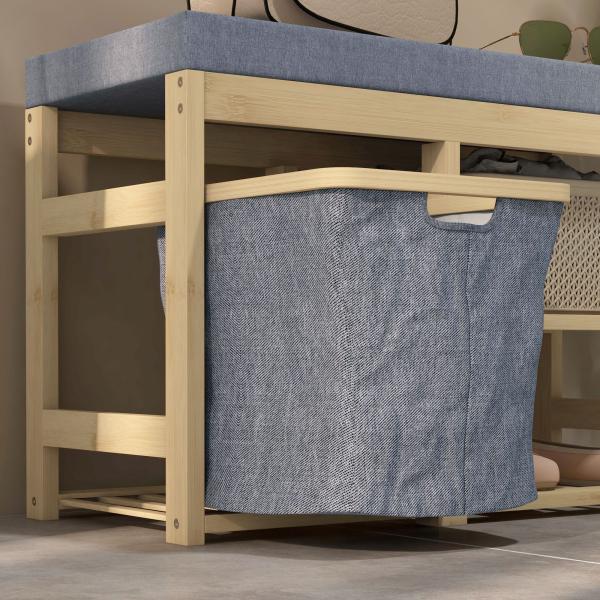 Banco para Sapatos de Bambu Móvel Sapateira com Assento Cesta Amovível e Prateleiras Abertas para 4 Pares de Sapatos 69x30x45 cm Madeira