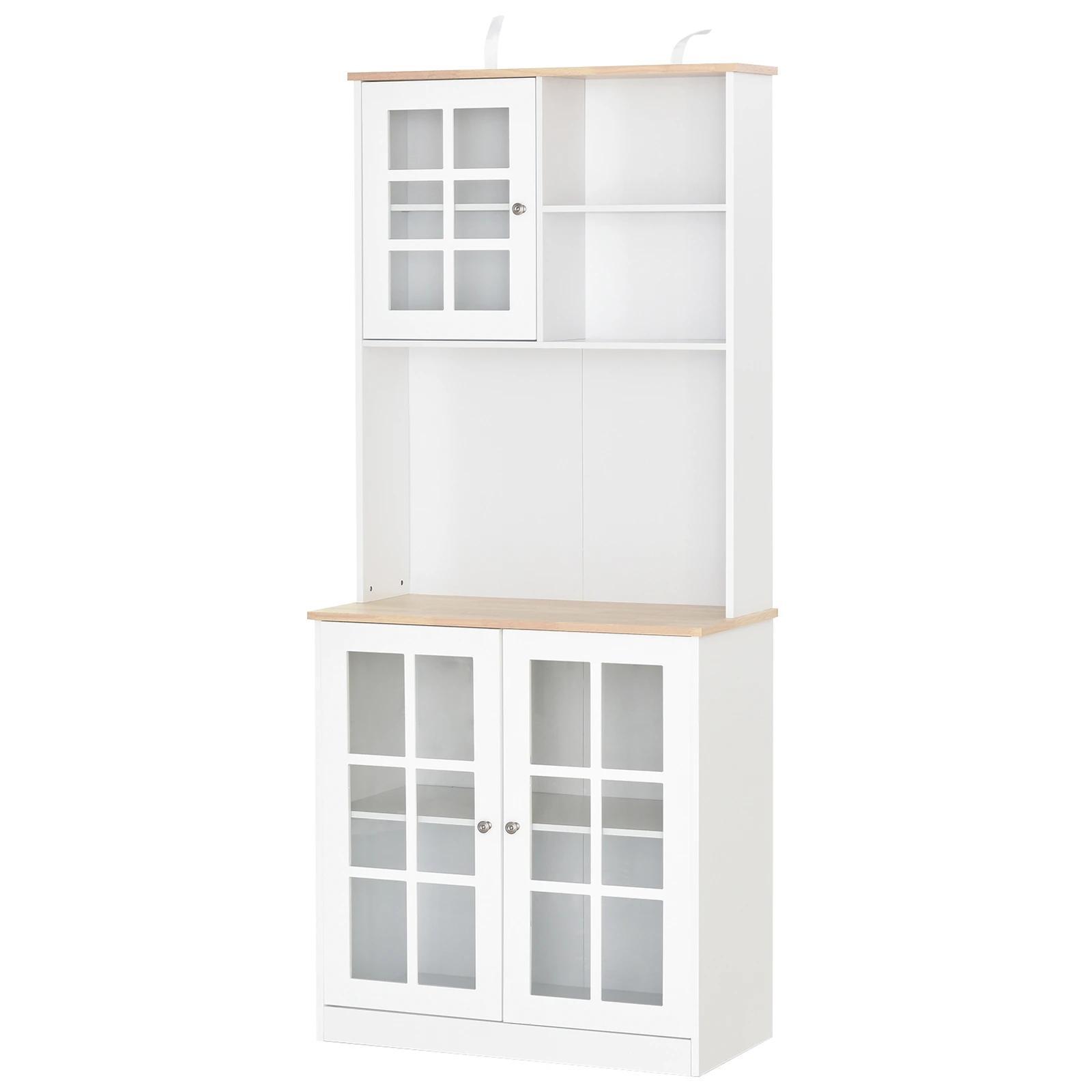 Armário de Cozinha com Prateleiras e Portas de Vidro para Pequenos Eletrodomésticos e Louças 80x37x183cm Branco