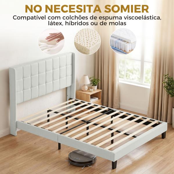 Cama de Casal 135x190 cm com Cabeceira Estofada com Laterais e Arrumação Inferior, Bege