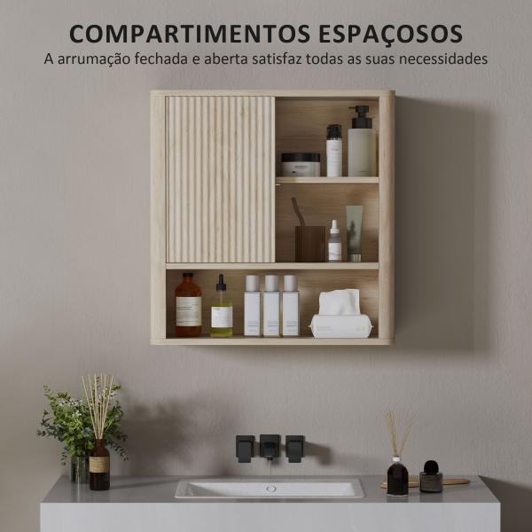 Armário de Casa de Banho de Parede com Prateleiras Ajustáveis Porta Deslizante e Compartimentos 60x20x62 cm Madeira