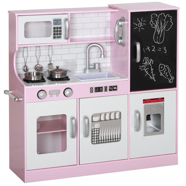 Cozinha de Brincar para Crianças acima de 3 anos Cozinha Infantil de Madeira com Acessórios Máquina de Gelo Ardósia e Telefone 83,8x26,8x81 cm Rosa