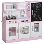 Cozinha de Brincar para Crianças acima de 3 anos Cozinha Infantil de Madeira com Acessórios Máquina de Gelo Ardósia e Telefone 83,8x26,8x81 cm Rosa