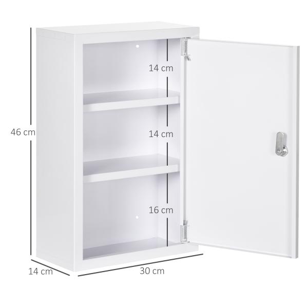 Armário Farmácia de Parede em Aço com 3 Prateleiras de Armazenamento e 2 Chaves para Casa de Banho 30x14x46 cm Branco