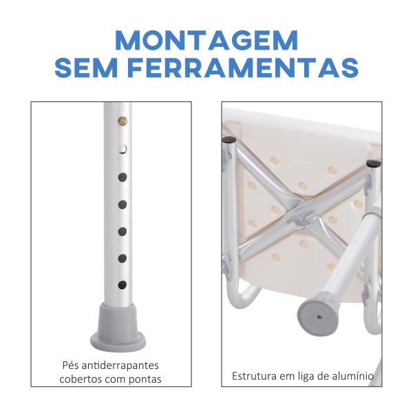 Cadeira para Duche Antiderrapante com Altura Ajustável em 8 Níveis Cadeira de Banho 50,6x43x71 - 88 cm Branco